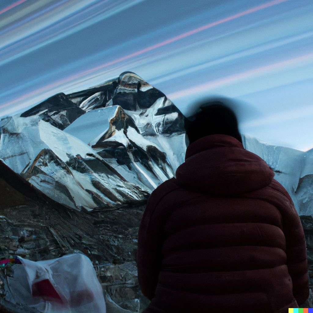 someone gazing at Mount Everest, photograph, slow shutter speed, 1s